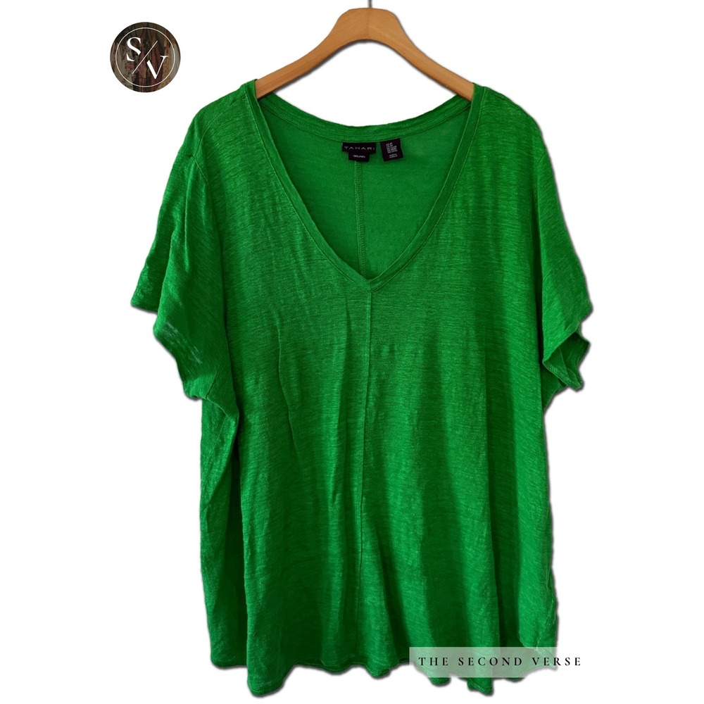Tahari Linen V-Neck Top Womens Plus Size Short Sleeve Casual Tee Green 2X
